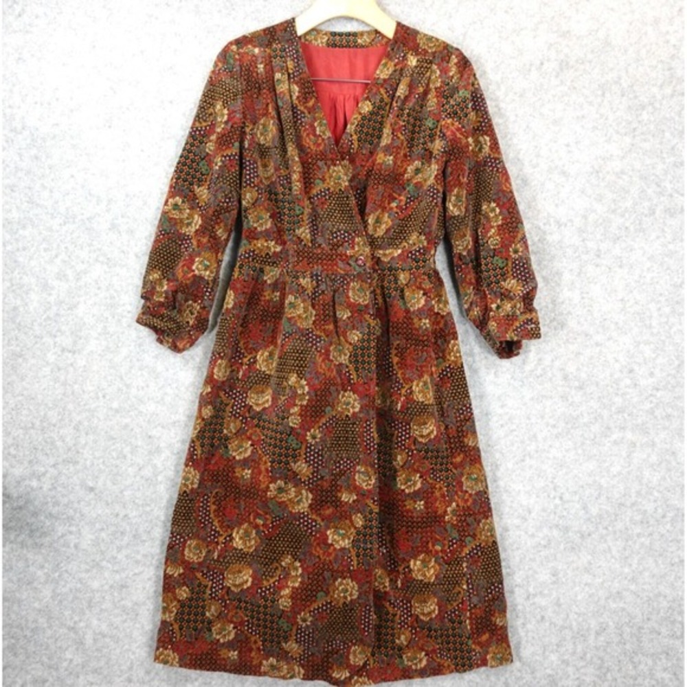 Vintage Western Boho Velvet Wrap Dress Women S Rust Flora Midi Folk 70s MOD